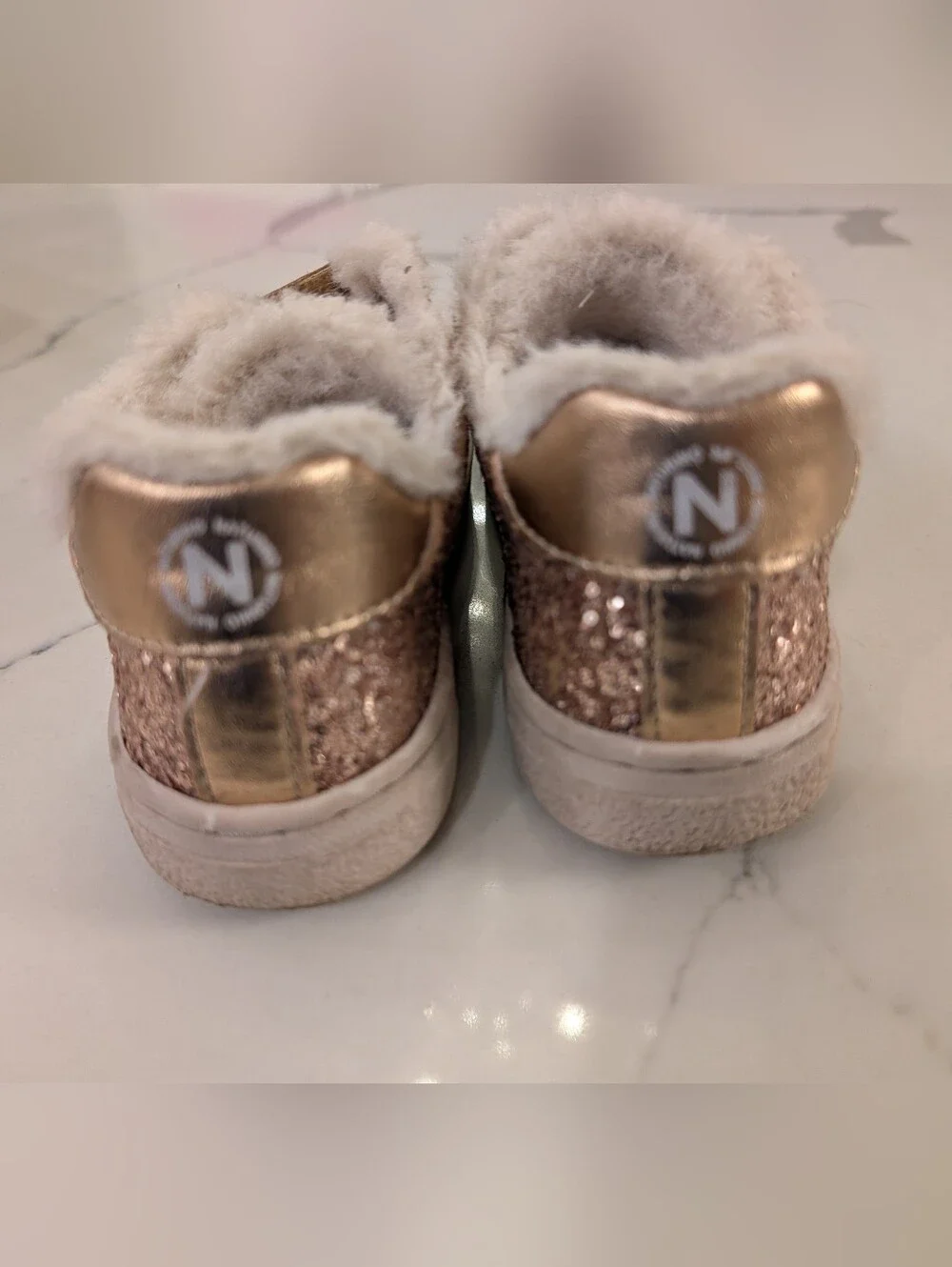 Naturino Rose Gold Glitter Star Sneakers with Faux Fur
